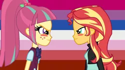 Size: 1280x720 | Tagged: safe, artist:3d4d, derpibooru import, sour sweet, sunset shimmer, bisexual pride flag, blushing, female, image, jpeg, lesbian, lesbian pride flag, pride, pride flag, shipping, sourshimmer