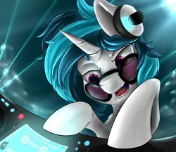 Size: 1024x883 | Tagged: safe, artist:com3tfire, derpibooru import, octavia melody, vinyl scratch, unicorn, headphones, image, laser, music, png