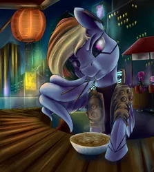 Size: 1516x1700 | Tagged: safe, artist:com3tfire, derpibooru import, fluttershy, rainbow dash, tempest shadow, pegasus, pony, chopsticks, cyberpunk, food, image, night city, noodles, png, ramen, wing hands, wings