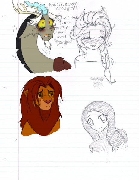 Size: 2479x3229 | Tagged: safe, artist:chibi-n92, derpibooru import, discord, big cat, draconequus, human, lion, blushing, braid, clothes, eyes closed, female, image, jpeg, male, partial color, simba, sketch, sketch dump, talking, the lion king, traditional art, wicked