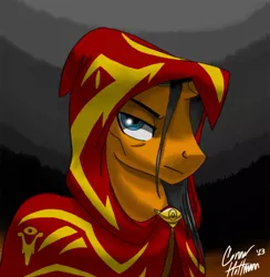 Size: 1200x1228 | Tagged: safe, artist:ceehoff, derpibooru import, oc, oc:hellfire, unofficial characters only, pony, unicorn, fanfic:equestria's first human, cloak, clothes, horn, image, jpeg, male, signature, solo, stallion, unicorn oc
