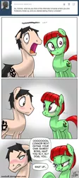 Size: 645x1440 | Tagged: safe, artist:ceehoff, derpibooru import, oc, oc:cherry limeade, oc:connor, earth pony, pony, ask, bedroom eyes, dialogue, earth pony oc, female, image, jpeg, male, mare, open mouth, raised hoof, signature, stallion, surprised