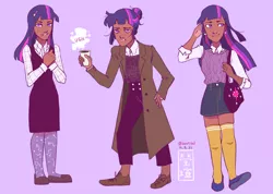 Size: 3600x2570 | Tagged: safe, artist:show-a-bit-of-teeth, derpibooru import, twilight sparkle, human, alternate hairstyle, bag, blackwashing, clothes, coat, coffee, dark skin, ear piercing, earring, female, flats, humanized, image, jewelry, pants, piercing, png, purple background, shirt, shoes, simple background, skirt, socks, solo, stockings, thigh highs, twilight is not amused, ugh, unamused, vest