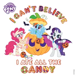 Size: 1241x1242 | Tagged: safe, derpibooru import, official, pinkie pie, rainbow dash, rarity, bat, earth pony, pegasus, pony, unicorn, bipedal, bucket, candy, clothes, costume, facebook, female, food, g4, halloween, holiday, image, jack-o-lantern, mare, mummy costume, my little pony logo, png, pumpkin, simple background, trio, trio female, white background