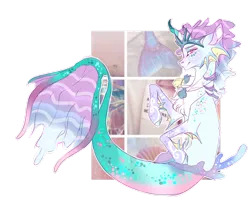 Size: 1600x1297 | Tagged: safe, artist:oashoxxo, derpibooru import, oc, unofficial characters only, merpony, seapony (g4), chest fluff, colored pupils, crown, custom, fins, fish tail, flowing tail, image, irl, jewelry, looking at you, male, mermaid tail, necklace, photo, pink eyes, png, purple mane, regalia, seashell necklace, simple background, smiling, solo, tail, toy, transparent background