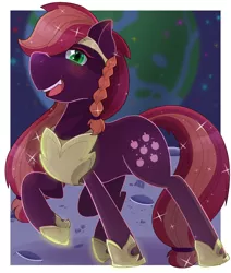 Size: 1024x1205 | Tagged: safe, artist:kingkero, derpibooru import, applejack, earth pony, pony, earth, ethereal mane, female, green eyes, hoof shoes, image, jewelry, jpeg, looking at you, moon, nightmare applejack, nightmarified, open mouth, red mane, regalia, smiling, solo, space, sparkles, starry mane, teeth