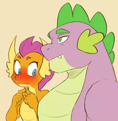 Size: 540x556 | Tagged: safe, artist:chub-wub, derpibooru import, smolder, spike, dragon, blushing, blushing profusely, female, gigachad spike, image, jpeg, male, meme, older, older spike, pecs, shipping, spolder, straight