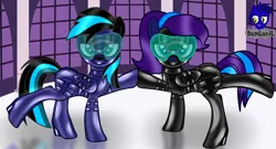 Size: 7680x4154 | Tagged: safe, artist:damlanil, derpibooru import, oc, oc:nightlight aura, oc:star eyes, pegasus, pony, bdsm, bedroom eyes, blindfold, bondage, bondage mask, boots, bound wings, catsuit, clothes, collar, commission, corset, duo, duo female, female, gag, gimp suit, high heels, hood, hypnogear, hypnosis, hypnotized, image, latex, latex boots, latex suit, link in description, looking at you, mare, muzzle gag, night, night sky, png, raised hoof, raised leg, reflection, rubber, rubber suit, shiny, shiny mane, shoes, show accurate, sky, socks, standing on two hooves, story, story included, thigh highs, vector, visor, window, wings