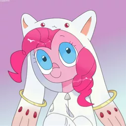 Size: 2048x2048 | Tagged: safe, artist:mareschizo, derpibooru import, pinkie pie, earth pony, pony, clothes, costume, female, image, incubator (species), jpeg, kigurumi, kyubey, mare, puella magi madoka magica, solo