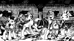 Size: 4256x2364 | Tagged: safe, artist:lexx2dot0, derpibooru import, oc, oc:blackjack, oc:lacunae, oc:morning glory (project horizons), oc:p-21, oc:rampage, oc:scotch tape, unofficial characters only, alicorn, earth pony, pegasus, pony, unicorn, fallout equestria, fallout equestria: project horizons, black and white, fanfic art, grayscale, high res, horn, image, metro, monochrome, png, small horn