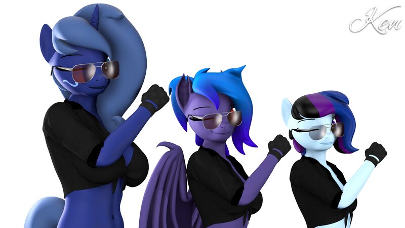 Size: 3840x2160 | Tagged: safe, artist:kenaga, derpibooru import, oc, oc:midnight music, oc:raven storm, oc:wavelength, anthro, bat pony, earth pony, unicorn, bat pony oc, bat wings, breasts, busty oc, cleavage, image, jpeg, midriff, one eye closed, simple background, sunglasses, white background, wings, wink