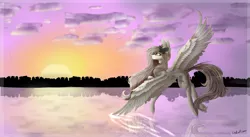 Size: 3310x1812 | Tagged: safe, artist:oashoxxo, derpibooru import, oc, unofficial characters only, pegasus, pony, cloud, feather, female, flowing mane, flying, gray mane, image, png, reflection, ribbon, signature, sky, solo, spread wings, sun, sunrise, tree, water, wings