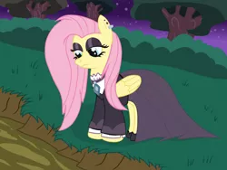 Size: 1600x1200 | Tagged: safe, artist:amateur-draw, derpibooru import, fluttershy, pegasus, pony, clothes, dress, female, fluttergoth, goth, image, mare, mud, mud bath, mud play, muddy, night, png, show accurate, solo, wet and messy