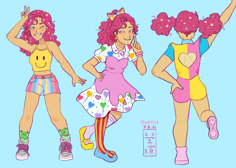 Size: 3600x2570 | Tagged: safe, artist:show-a-bit-of-teeth, derpibooru import, pinkie pie, human, alternate hairstyle, belt, blue background, boots, bracelet, clothes, dress, female, flats, grin, humanized, image, jewelry, midriff, mismatched socks, one eye closed, peace sign, png, shirt, shoes, shorts, simple background, smiling, sneakers, socks, solo, stockings, striped socks, tanktop, thigh highs, t-shirt, wink