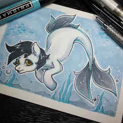 Size: 1280x1280 | Tagged: safe, artist:starsheepsweaters, derpibooru import, oc, unofficial characters only, merpony, seapony (g4), bubble, dorsal fin, fish tail, flowing tail, image, jpeg, looking at you, ocean, photo, seaweed, solo, swimming, tail, traditional art, underwater, water, yellow eyes