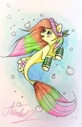 Size: 1691x2619 | Tagged: safe, artist:animelvr12, derpibooru import, oc, unofficial characters only, earth pony, merpony, pony, seapony (g4), blushing, bubble, colored pupils, dorsal fin, female, fish tail, flower, flower in hair, flowing mane, flowing tail, green eyes, image, open mouth, png, seaponified, signature, simple background, smiling, solo, species swap, swimming, tali'zorah vas normandy, teeth, underwater, water