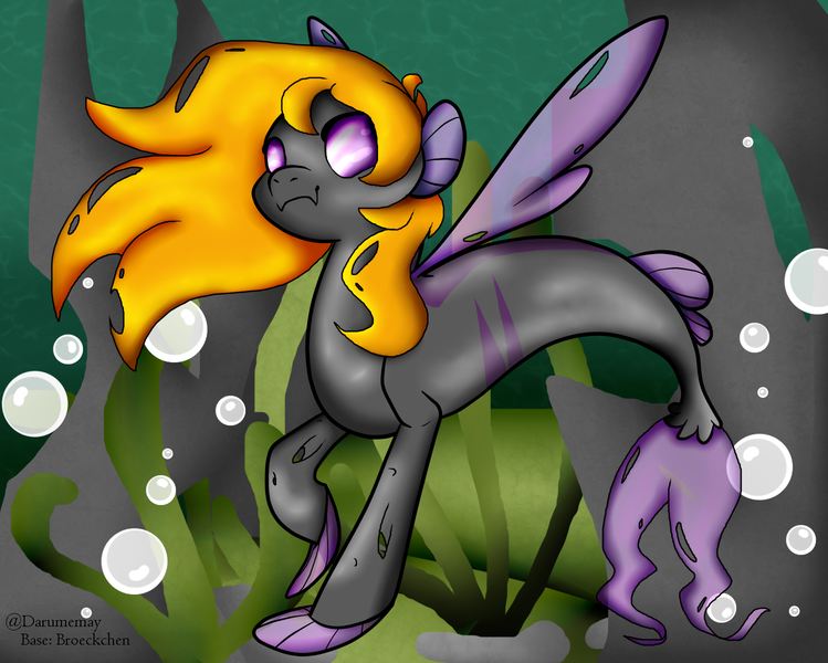 Size: 1498x1200 | Tagged: safe, artist:darumemay, derpibooru import, oc, unofficial characters only, changeling, hybrid, merpony, seapony (g4), bubble, deviantart watermark, dorsal fin, female, fins, fish tail, flowing mane, flowing tail, image, obtrusive watermark, ocean, orange mane, png, purple eyes, seaponified, seaweed, solo, species swap, swimming, tail, underwater, water, watermark