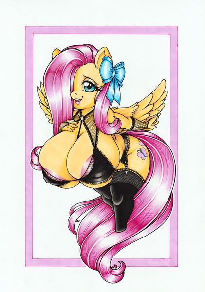 Size: 2395x3417 | Tagged: questionable, artist:longinius, derpibooru import, fluttershy, pegasus, areola, areola slip, big breasts, bra, breasts, busty fluttershy, chibi, cleavage, clothes, erect nipples, female, fishnet gloves, garter belt, huge breasts, image, lingerie, lipstick, looking at you, nipple outline, png, ribbon, socks, solo, solo female, stockings, thigh highs, traditional art, underwear