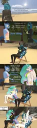 Size: 1920x6480 | Tagged: suggestive, artist:papadragon69, derpibooru import, blues, noteworthy, princess celestia, queen chrysalis, anthro, 3d, beach, bikini, breasts, busty princess celestia, busty queen chrysalis, chair, clothes, comic, image, oh no, old master q, ouch, palette swap, parody, png, recolor, reference, reversalis, sling bikini, source filmmaker, sunbathing, swimsuit, wide eyes