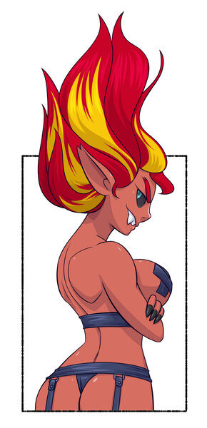 Size: 1099x2272 | Tagged: suggestive, alternate version, artist:brother-tico, derpibooru import, sunset shimmer, equestria girls, belly button, breasts, busty sunset satan, butt, cleavage, image, jpeg, looking at you, red skin, sunset satan