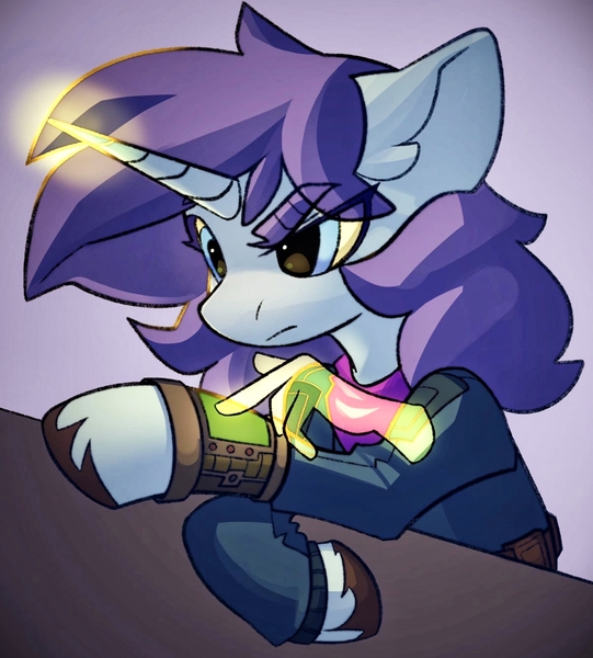 Size: 1208x1340 | Tagged: safe, artist:dodsie, derpibooru import, oc, unofficial characters only, pony, unicorn, fallout equestria, >:<, clothes, female, glowing horn, horn, image, jpeg, magic, mare, pipbuck, solo