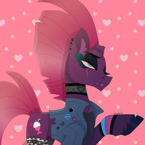 Size: 1280x1280 | Tagged: safe, artist:moodi, derpibooru import, fizzlepop berrytwist, tempest shadow, pony, unicorn, bracelet, broken horn, button, choker, clothes, ear piercing, earring, hoof polish, horn, image, jacket, jewelry, makeup, piercing, png, scar, solo