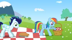 Size: 1920x1080 | Tagged: safe, artist:ursamanner, derpibooru import, rainbow dash, soarin', pegasus, pony, basket, cloud, flower, food, grass, image, mountain, picnic, picnic basket, picnic blanket, pie, png, poppy, show accurate, smiling, steam, that pony sure does love pies, tongue out, tree