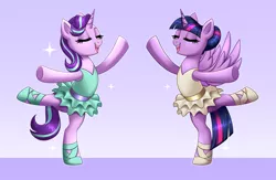 Size: 7665x5000 | Tagged: safe, artist:confetticakez, derpibooru import, starlight glimmer, twilight sparkle, twilight sparkle (alicorn), alicorn, pony, unicorn, ballerina, clothes, commission, duo, duo female, eyes closed, female, glimmerina, gradient background, image, mare, open mouth, open smile, patreon, patreon reward, png, purple background, simple background, smiling, standing, standing on one leg, tutu, twilarina, your character here