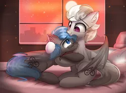 Size: 2757x2039 | Tagged: safe, artist:janelearts, derpibooru import, oc, unofficial characters only, bat pony, pony, bat pony oc, bat wings, cuddling, cute, glasses, image, png, sunset, wings