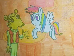 Size: 1280x962 | Tagged: safe, artist:dex stewart, derpibooru import, rainbow dash, alien, pegasus, pony, greedo, image, jpeg, rodian, star wars, traditional art