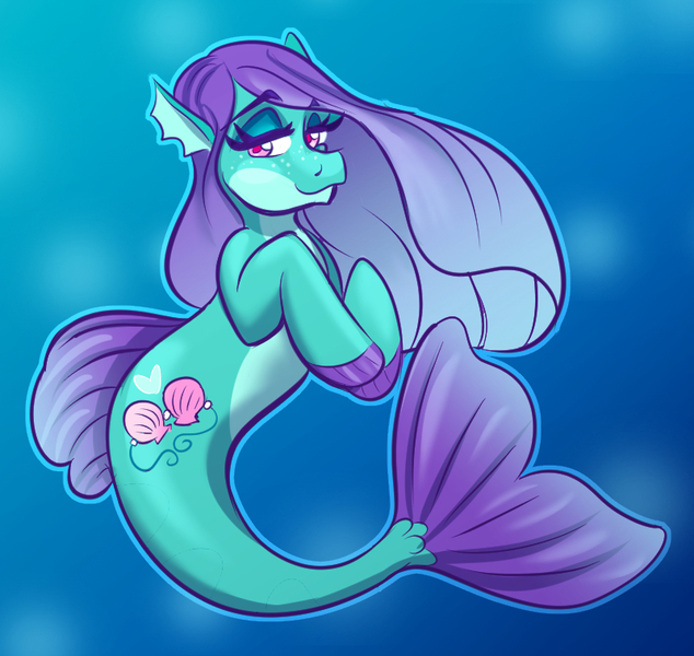 Size: 800x757 | Tagged: safe, artist:ryokonokalo, derpibooru import, oc, unofficial characters only, earth pony, merpony, pony, seapony (g4), blue background, bubble, dorsal fin, eyelashes, female, fins, fish tail, flowing tail, image, jpeg, lidded eyes, looking at you, ocean, purple eyes, purple mane, seaponified, simple background, smiling, solo, species swap, swimming, tail, underwater, water