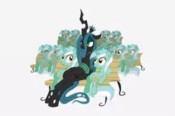 Size: 820x543 | Tagged: safe, derpibooru import, lyra heartstrings, queen chrysalis, changeling, changeling queen, pony, unicorn, bench, clone, derp, eyes closed, female, image, jpeg, meme, queen chrysalis is not amused, simple background, sitting, sitting lyra, unamused