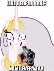 Size: 500x666 | Tagged: safe, derpibooru import, princess celestia, derpibooru, princess molestia, gun, image, jpeg, meta, this will not end well, weapon