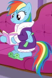 Size: 2675x4000 | Tagged: safe, artist:frownfactory, derpibooru import, rainbow dash, pegasus, pony, applejack's "day" off, season 6, bathrobe, book, clothes, couch, female, image, mare, png, reading, robe, sitting, slippers, smiling, solo, tank slippers, vector, wings