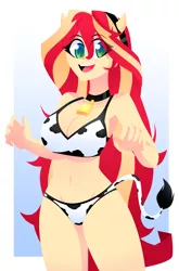 Size: 1856x2812 | Tagged: suggestive, artist:xan-gelx, derpibooru import, sunset shimmer, equestria girls, bell, bell collar, bikini, breasts, busty sunset shimmer, cleavage, clothes, collar, commission, cow girl, cow horns, cow suit, cow tail, cowbell, cowkini, cowprint, fake horns, image, jpeg, open mouth, open smile, smiling, string bikini, sunset shimmoo, swimsuit, tail