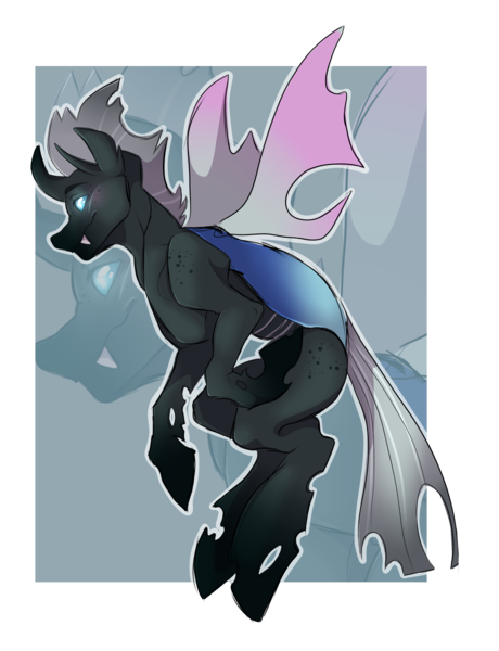 Size: 2300x3000 | Tagged: artist needed, safe, derpibooru import, oc, oc:identity crisis, unofficial characters only, changeling, changeling oc, commission, derpibooru exclusive, fangs, flying, image, png, simple background, smiling, solo, transparent background