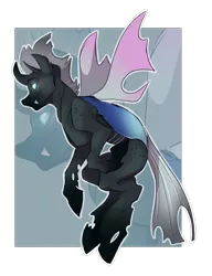 Size: 2300x3000 | Tagged: artist needed, safe, derpibooru import, oc, oc:identity crisis, unofficial characters only, changeling, changeling oc, commission, derpibooru exclusive, fangs, flying, image, png, simple background, smiling, solo, transparent background