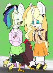 Size: 1848x2528 | Tagged: safe, artist:2hrnap, derpibooru import, oc, oc:dyxkrieg, oc:gaia, unofficial characters only, alicorn, anthro, bird, chicken, plantigrade anthro, alicorn oc, anthro oc, backpack, clothes, eyes closed, fangs, female, hair over one eye, half-siblings, hoodie, horn, image, looking down, magical lesbian spawn, multiple parents, offspring, open mouth, parent:oc:apogee, parent:oc:dyx, parent:oc:filly anon, parent:oc:luftkrieg, parent:oc:nyx, parent:oc:zala, parents:oc x oc, png, siblings, sisters, skirt, smiling, wings