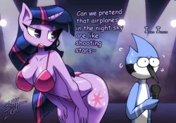 Size: 2000x1400 | Tagged: suggestive, artist:skylight, derpibooru import, twilight sparkle, anthro, bird, blue jay, unicorn, airplanes (song), bra, clothes, crossover, crossover shipping, female, image, jay, male, mordecai, mordetwi, panties, png, regular show, shipping, singing, straight, underwear, unicorn twilight