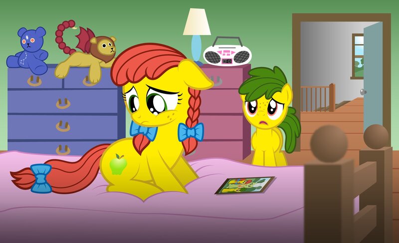 Size: 1911x1163 | Tagged: safe, artist:aleximusprime, derpibooru import, granny smith, oc, oc:annie smith, oc:apple chip, earth pony, pony, flurry heart's story, bed, bedroom, bow, colt, dresser, female, filly, hair bow, image, jpeg, lamp, male, offspring, parent:applejack, parent:tex, parents:texjack, picture frame, plushie, sad, stereo, tail bow