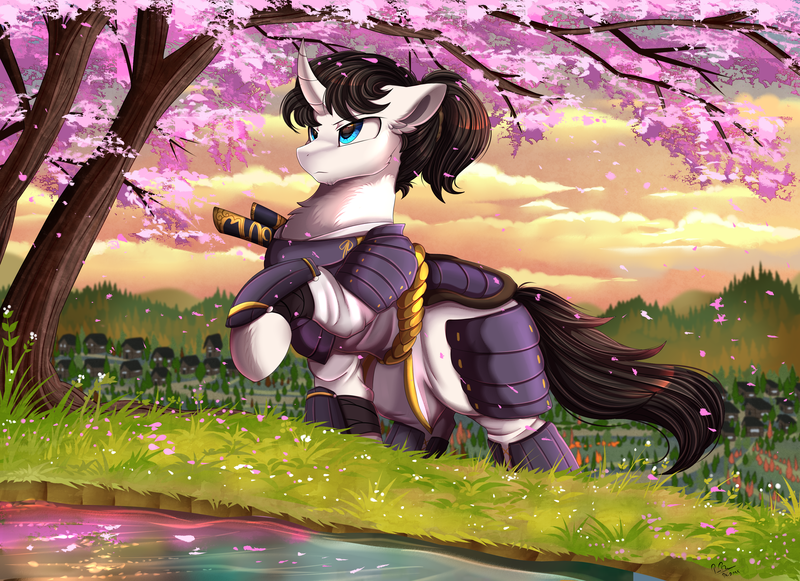 Size: 3509x2550 | Tagged: safe, artist:pridark, derpibooru import, oc, oc:shiro reisu, pony, unicorn, armor, cherry blossoms, clothes, commission, flower, flower blossom, high res, image, japanese, katana, male, moon runes, png, samurai, solo, sword, village, villages, weapon