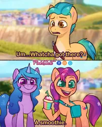 Size: 1436x1782 | Tagged: safe, artist:lilpinkghost, derpibooru import, hitch trailblazer, izzy moonbow, sunny starscout, earth pony, pony, unicorn, comic, female, g5, icarly, image, jpeg, male, mare, meme, ponified meme, smiling, smoothie, stallion