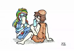 Size: 1019x697 | Tagged: suggestive, artist:kingnanamine87, derpibooru import, rainbow dash, oc, oc:pip, equestria girls, feet, female, fetish, foot fetish, foot worship, image, jpeg, lesbian