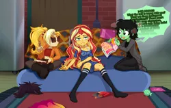 Size: 3974x2510 | Tagged: safe, artist:rileyav, derpibooru import, sunset shimmer, oc, oc:anonfilly, oc:dyx, human, pony, equestria girls, >no hooves, angry, bottomless, bra, bra strap, clothes, comic book, couch, drugs, female, filly, frown, image, joint, marijuana, partial nudity, png, sarong, sitting, smoking, socks, stockings, striped socks, sunset's apartment, thigh highs, underwear, wig