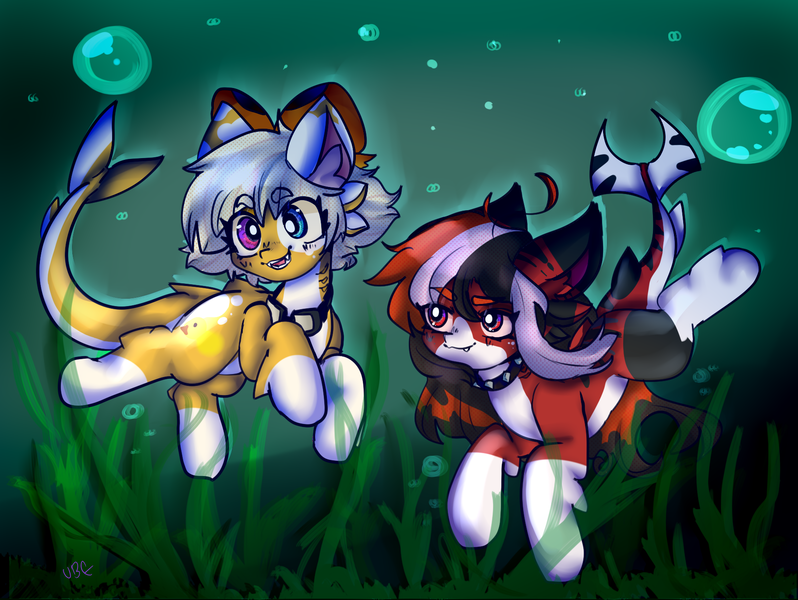 Size: 1821x1370 | Tagged: safe, artist:ube, artist:ubebreb, derpibooru import, oc, oc:rubber ducky, oc:soy sauce, unofficial characters only, background, goggles, heterochromia, image, png, seaweed, sharkpony, swimming, swimming goggles, underwater, underwater pony