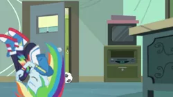 Size: 3410x1920 | Tagged: safe, derpibooru import, screencap, rainbow dash, equestria girls, equestria girls series, happily ever after party, chalkboard, clothes, cutie mark, cutie mark on clothes, eyes closed, female, football, happily ever after party: rainbow dash, hoodie, image, jpeg, shoes, sneakers, solo, sports, television