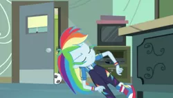Size: 3410x1920 | Tagged: safe, derpibooru import, screencap, rainbow dash, equestria girls, equestria girls series, happily ever after party, chalkboard, clothes, cutie mark, cutie mark on clothes, eyes closed, female, football, geode of super speed, happily ever after party: rainbow dash, hoodie, image, jewelry, jpeg, magical geodes, necklace, shoes, sneakers, solo, sports, television