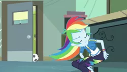 Size: 3410x1920 | Tagged: safe, derpibooru import, screencap, rainbow dash, equestria girls, equestria girls series, happily ever after party, chalkboard, clothes, cutie mark, cutie mark on clothes, eyes closed, female, football, happily ever after party: rainbow dash, hoodie, image, jpeg, shoes, sneakers, solo, sports, television