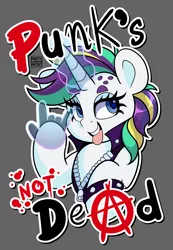 Size: 2719x3937 | Tagged: safe, alternate version, artist:partylikeanartist, derpibooru import, rarity, pony, unicorn, alternate design, alternate hairstyle, eye clipping through hair, eyebrows, eyebrows visible through hair, hand, image, magic, magic hands, png, punk, raripunk, redraw, simple background, solo, text, tongue out