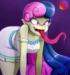 Size: 562x600 | Tagged: safe, artist:the-butch-x, derpibooru import, bon bon, sweetie drops, vampire, equestria girls, breasts, busty bon bon, fangs, female, image, instagram, jpeg, long tongue, open mouth, red eyes, solo, tongue out